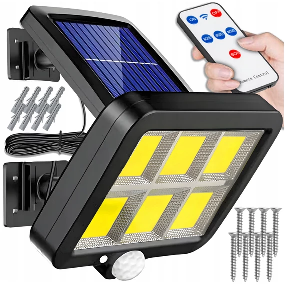 Kültéri napelemes lámpa mozgásérzékelővel, 260 Lm/W, COB LED, ABS, 3,5M kábel, 30 W, TÁVIRÁNYíTÓVAL