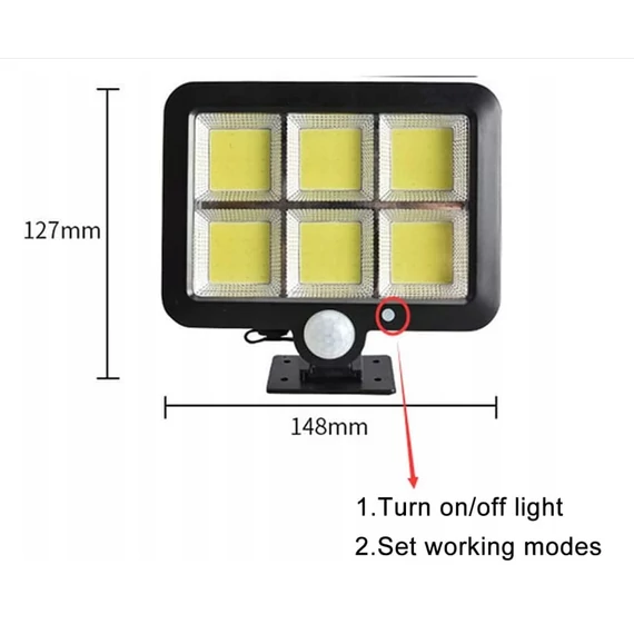 Kültéri napelemes lámpa mozgásérzékelővel, 260 Lm/W, COB LED, ABS, 3,5M kábel, 30 W, TÁVIRÁNYíTÓVAL