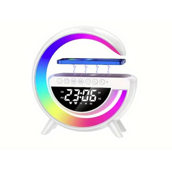 RGB Smart LED lámpa, Bluetooth hangszóró, vezeték nélküli töltő, zeneóra környezeti ébresztőfénnyel, ébresztő, 15 W-os gyorstöltő, mobilalkalmazás-vezérlés 16 millió fényszínnel, fehér