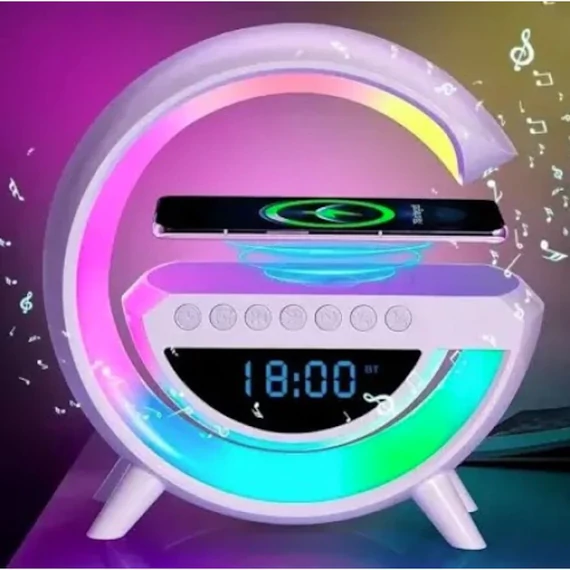 RGB Smart LED lámpa, Bluetooth hangszóró, vezeték nélküli töltő, zeneóra környezeti ébresztőfénnyel, ébresztő, 15 W-os gyorstöltő, mobilalkalmazás-vezérlés 16 millió fényszínnel, fehér