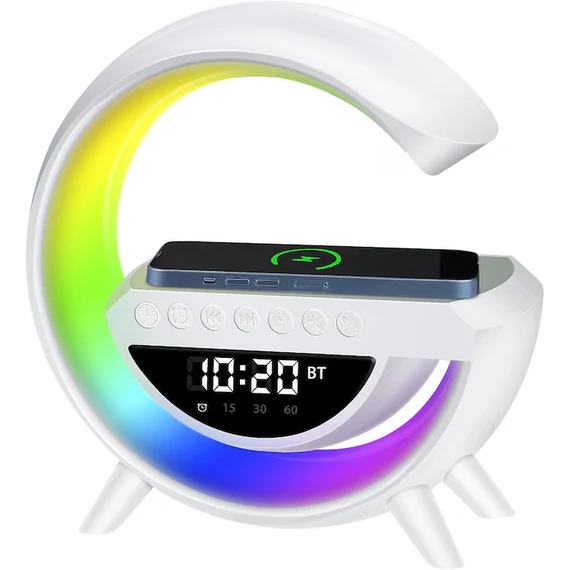 RGB Smart LED lámpa, Bluetooth hangszóró, vezeték nélküli töltő, zeneóra környezeti ébresztőfénnyel, ébresztő, 15 W-os gyorstöltő, mobilalkalmazás-vezérlés 16 millió fényszínnel, fehér